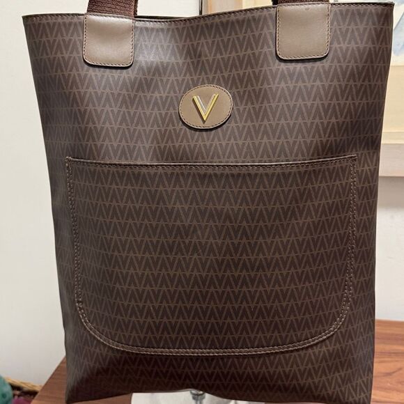 NWOT Mario Valentino Brown Logo Coated Canvas Tote Bag with Shoulder Strap. - Picture 2 of 10